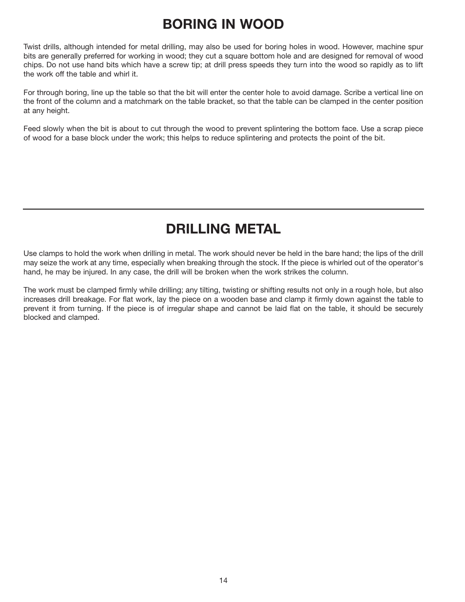Boring in wood, Drilling metal | Delta 11-985 User Manual | Page 14 / 16