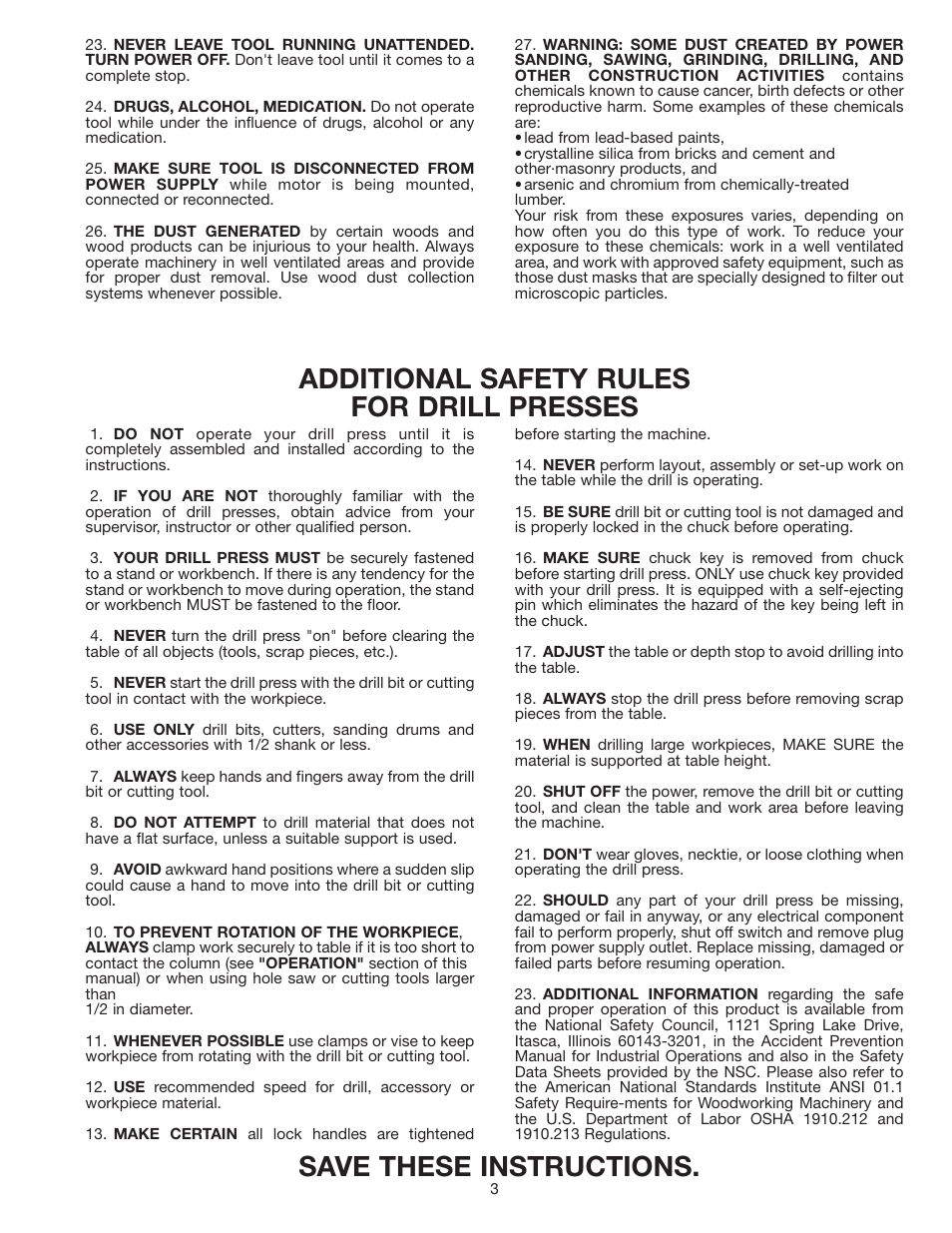 Save these instructions, Additional safety rules for drill presses | Delta 11-985 User Manual | Page 3 / 16