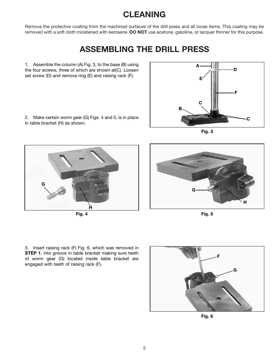 Cleaning, Assembling the drill press | Delta 11-985 User Manual | Page 5 / 16