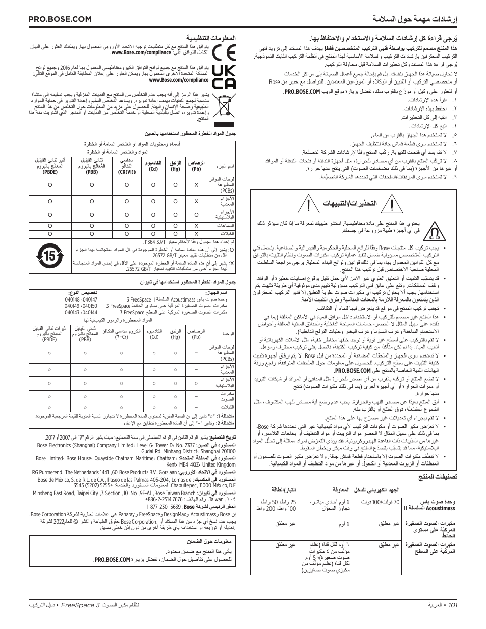 بيكرتلا ليلد, ةملاسلا لوح ةمهم تاداشرإ, تاهيبنتلا/تاريذحتلا | جتنملا تافينصت, ةيميظنتلا تامولعملا | Bose Professional FreeSpace 3 Series II Acoustimass Subwoofer Module (Black) User Manual | Page 101 / 112