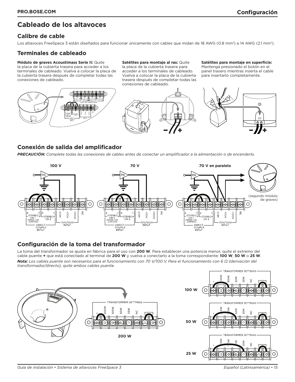 Cableado de los altavoces, Configuración, Calibre de cable | Configuración de la toma del transformador | Bose Professional FreeSpace 3 Series II Acoustimass Subwoofer Module (Black) User Manual | Page 15 / 112