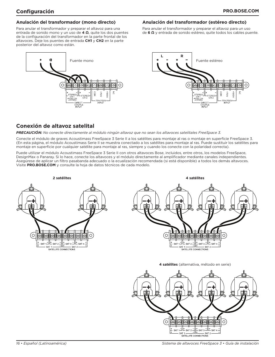 Configuración, Conexión de altavoz satelital | Bose Professional FreeSpace 3 Series II Acoustimass Subwoofer Module (Black) User Manual | Page 16 / 112