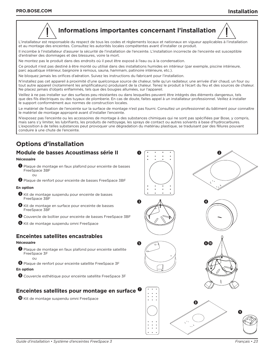 Informations importantes concernant l’installation, Options d’installation, Installation module de basses acoustimass série ii | Enceintes satellites encastrables, Enceintes satellites pour montage en surface a | Bose Professional FreeSpace 3 Series II Acoustimass Subwoofer Module (Black) User Manual | Page 23 / 112