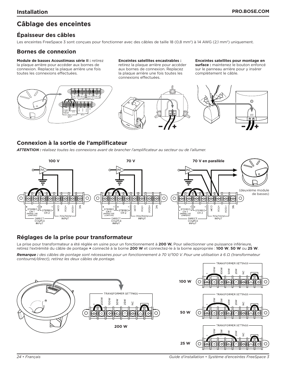 Câblage des enceintes, Installation, Épaisseur des câbles | Réglages de la prise pour transformateur | Bose Professional FreeSpace 3 Series II Acoustimass Subwoofer Module (Black) User Manual | Page 24 / 112