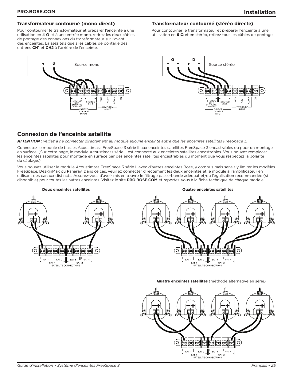 Installation, Connexion de l’enceinte satellite | Bose Professional FreeSpace 3 Series II Acoustimass Subwoofer Module (Black) User Manual | Page 25 / 112