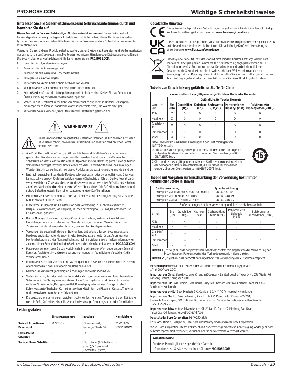 Installationsanleitung, Wichtige sicherheitshinweise, Warnhinweise | Leistungsdaten, Gesetzliche hinweise | Bose Professional FreeSpace 3 Series II Acoustimass Subwoofer Module (Black) User Manual | Page 29 / 112