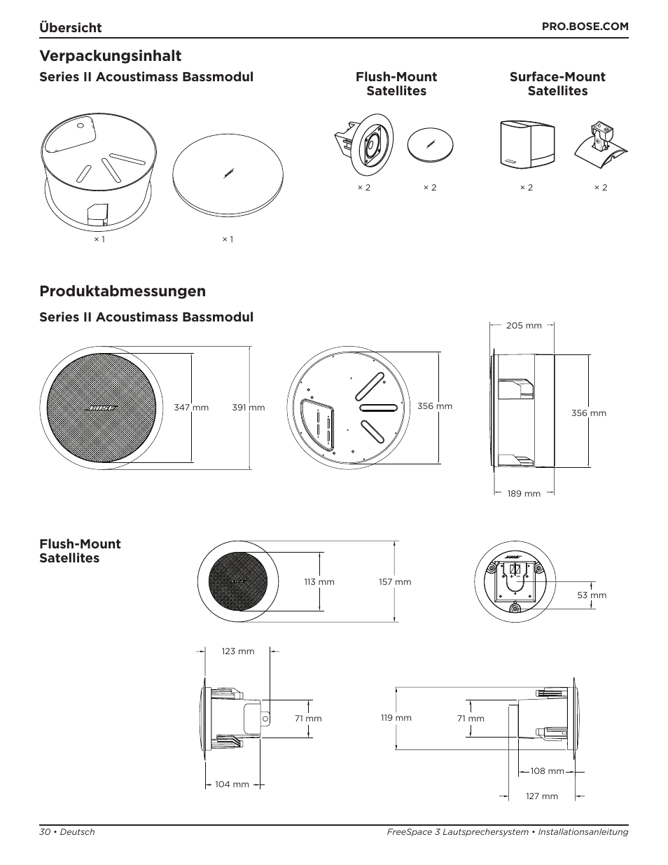 Verpackungsinhalt, Produktabmessungen, Übersicht | Series ii acoustimass bassmodul, Flush-mount satellites | Bose Professional FreeSpace 3 Series II Acoustimass Subwoofer Module (Black) User Manual | Page 30 / 112