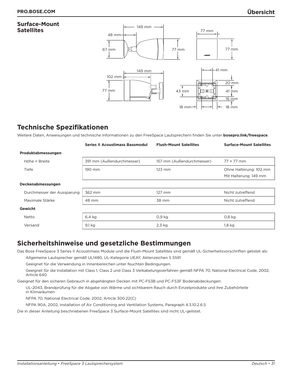 Technische spezifikationen, Sicherheitshinweise und gesetzliche bestimmungen, Übersicht surface-mount satellites | Bose Professional FreeSpace 3 Series II Acoustimass Subwoofer Module (Black) User Manual | Page 31 / 112