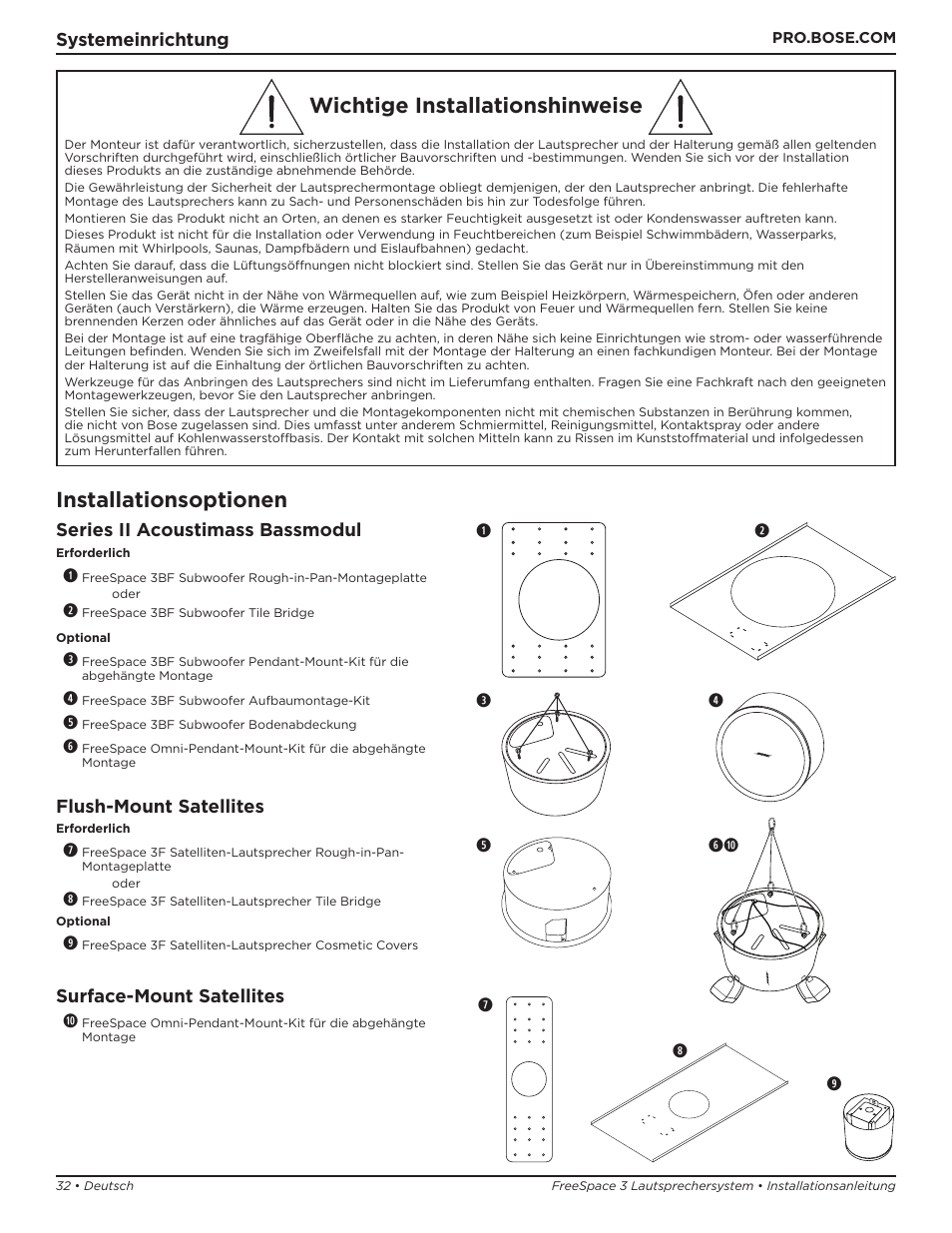 Wichtige installationshinweise, Installationsoptionen, Systemeinrichtung series ii acoustimass bassmodul | Flush-mount satellites, Surface-mount satellites a | Bose Professional FreeSpace 3 Series II Acoustimass Subwoofer Module (Black) User Manual | Page 32 / 112