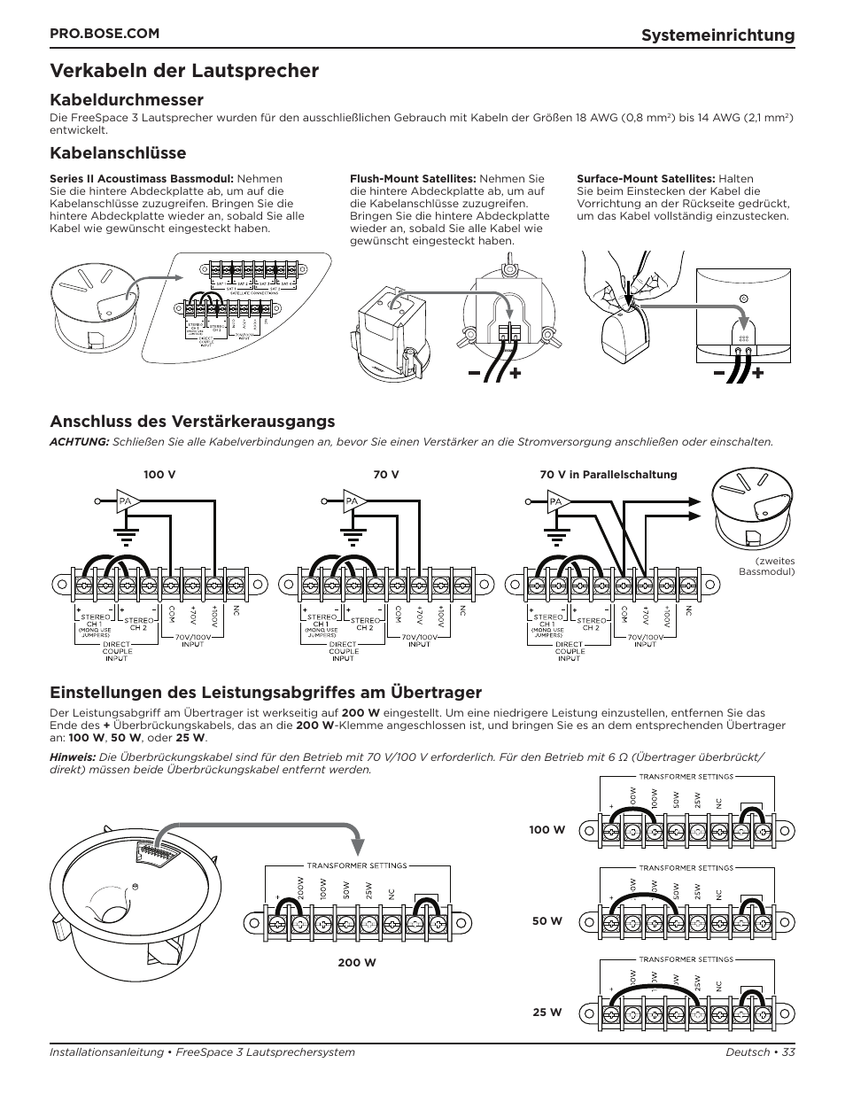 Verkabeln der lautsprecher, Systemeinrichtung, Kabeldurchmesser | Kabelanschlüsse anschluss des verstärkerausgangs, Einstellungen des leistungsabgriffes am übertrager | Bose Professional FreeSpace 3 Series II Acoustimass Subwoofer Module (Black) User Manual | Page 33 / 112