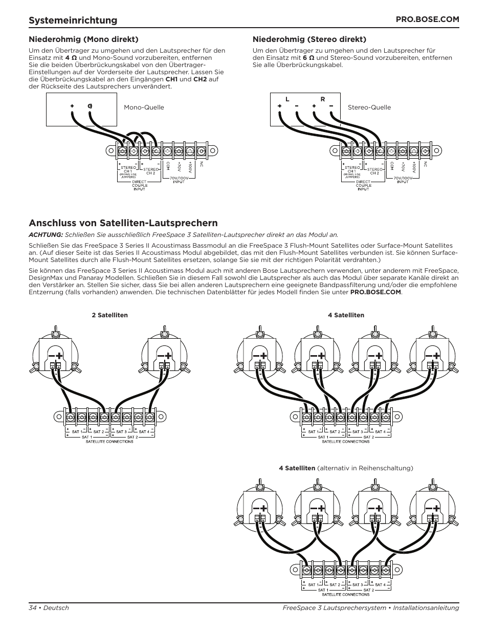 Systemeinrichtung, Anschluss von satelliten-lautsprechern | Bose Professional FreeSpace 3 Series II Acoustimass Subwoofer Module (Black) User Manual | Page 34 / 112