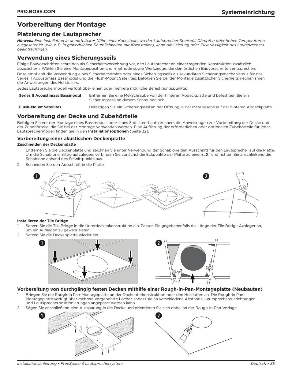 Qw q w, Vorbereitung der montage, Systemeinrichtung | Platzierung der lautsprecher, Verwendung eines sicherungsseils, Vorbereitung der decke und zubehörteile | Bose Professional FreeSpace 3 Series II Acoustimass Subwoofer Module (Black) User Manual | Page 35 / 112