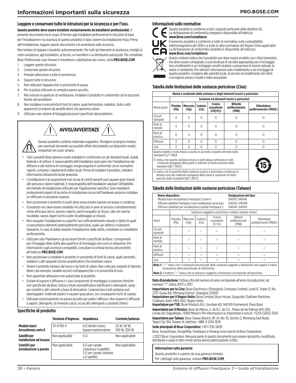 Guida all'installazione, Informazioni importanti sulla sicurezza, Avvisi/avvertenze | Specifiche di prodotto, Informazioni sulle normative | Bose Professional FreeSpace 3 Series II Acoustimass Subwoofer Module (Black) User Manual | Page 38 / 112