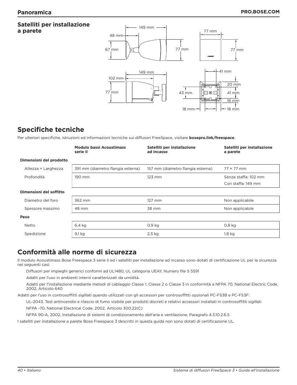 Specifiche tecniche, Conformità alle norme di sicurezza, Panoramica satelliti per installazione a parete | Bose Professional FreeSpace 3 Series II Acoustimass Subwoofer Module (Black) User Manual | Page 40 / 112