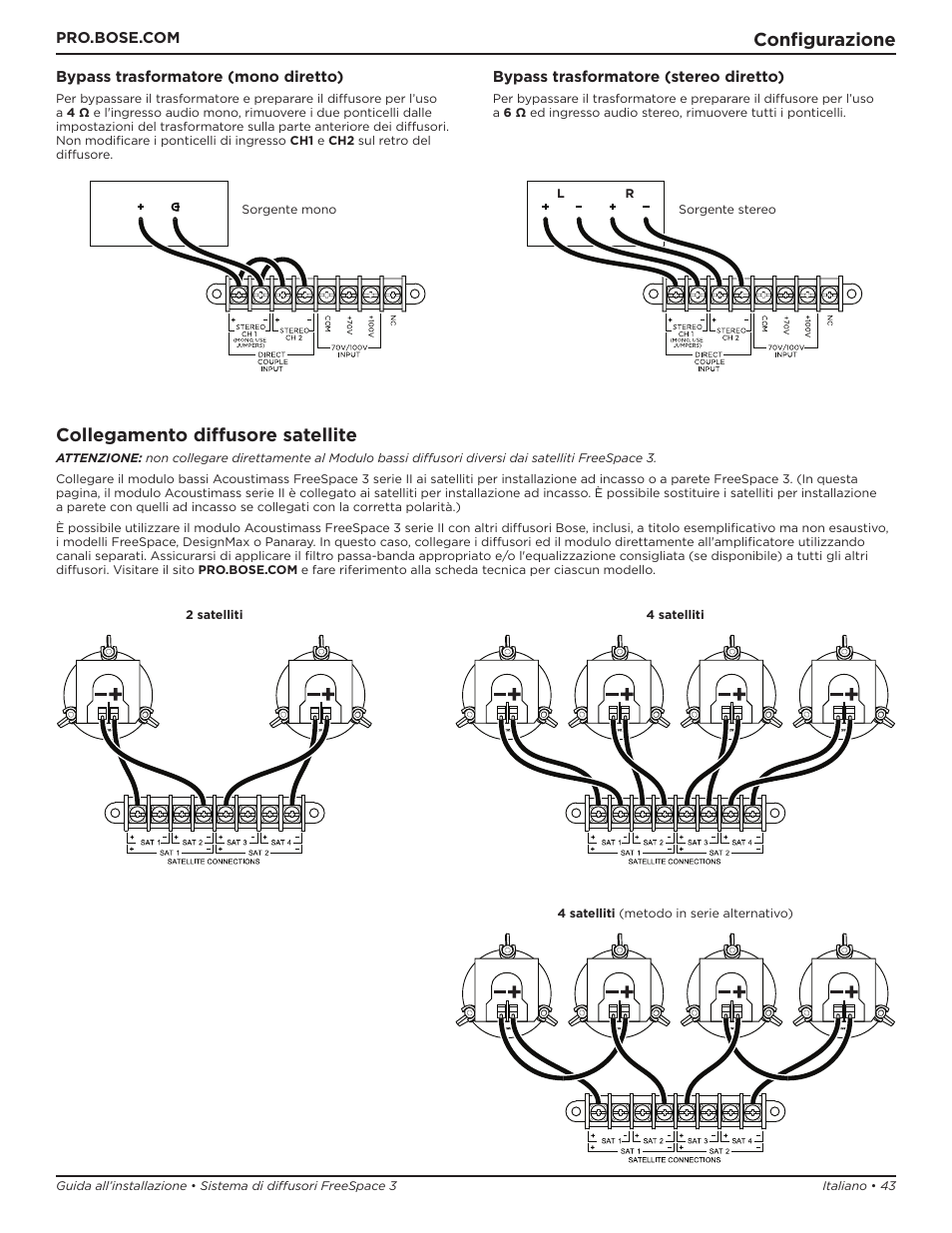 Configurazione, Collegamento diffusore satellite | Bose Professional FreeSpace 3 Series II Acoustimass Subwoofer Module (Black) User Manual | Page 43 / 112