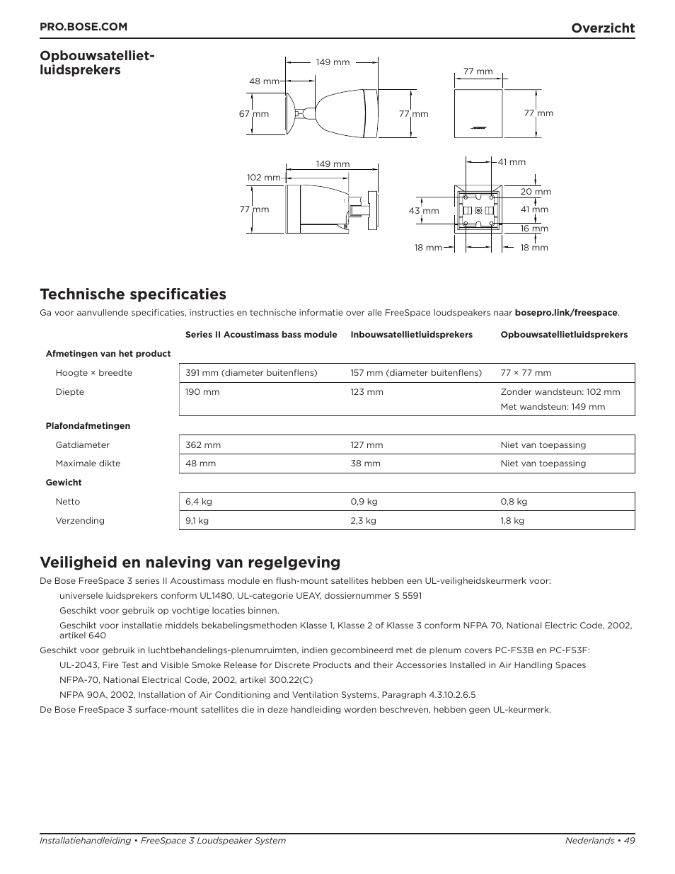 Technische specificaties, Veiligheid en naleving van regelgeving, Overzicht opbouwsatelliet- luidsprekers | Bose Professional FreeSpace 3 Series II Acoustimass Subwoofer Module (Black) User Manual | Page 49 / 112