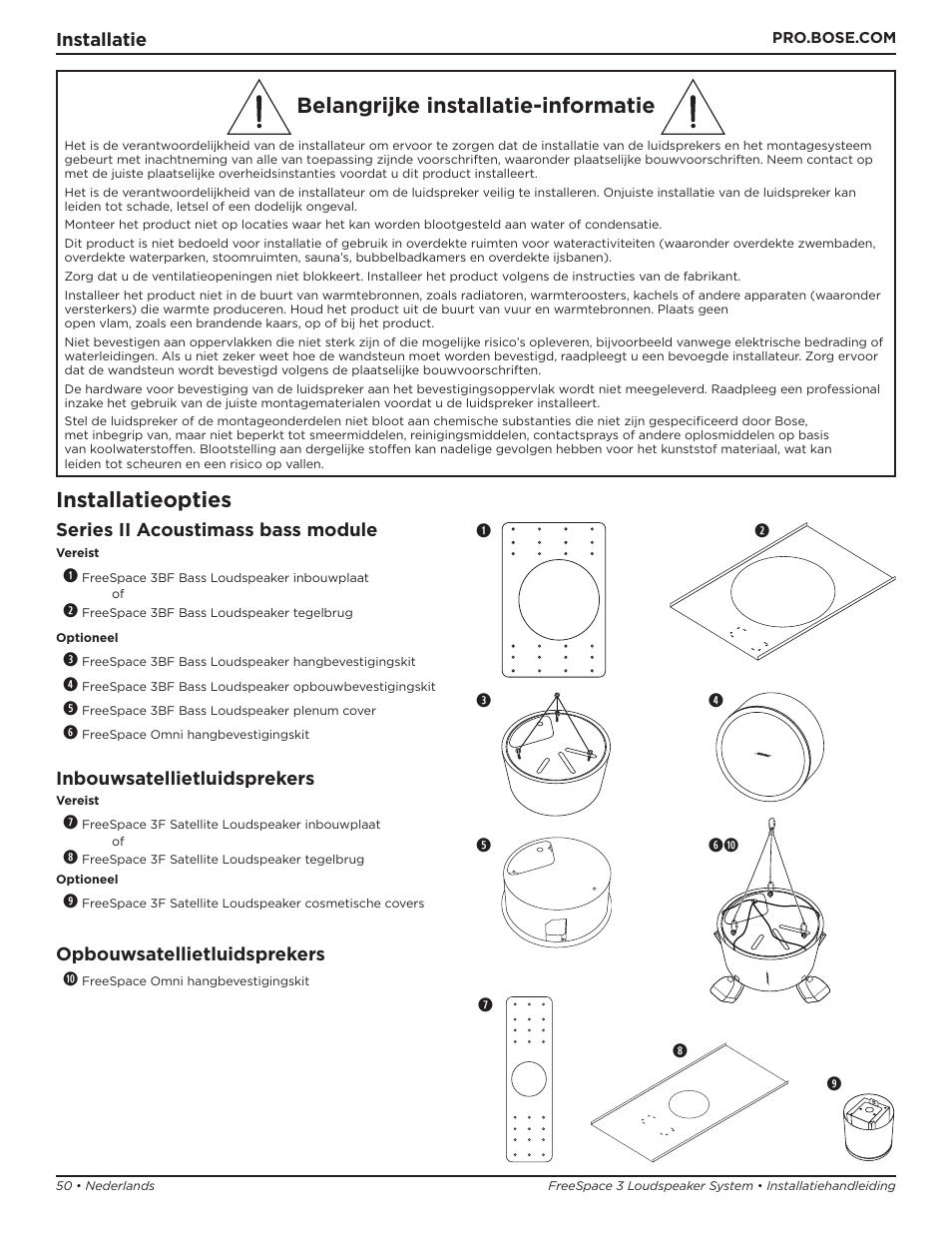 Belangrijke installatie-informatie, Installatieopties | Bose Professional FreeSpace 3 Series II Acoustimass Subwoofer Module (Black) User Manual | Page 50 / 112