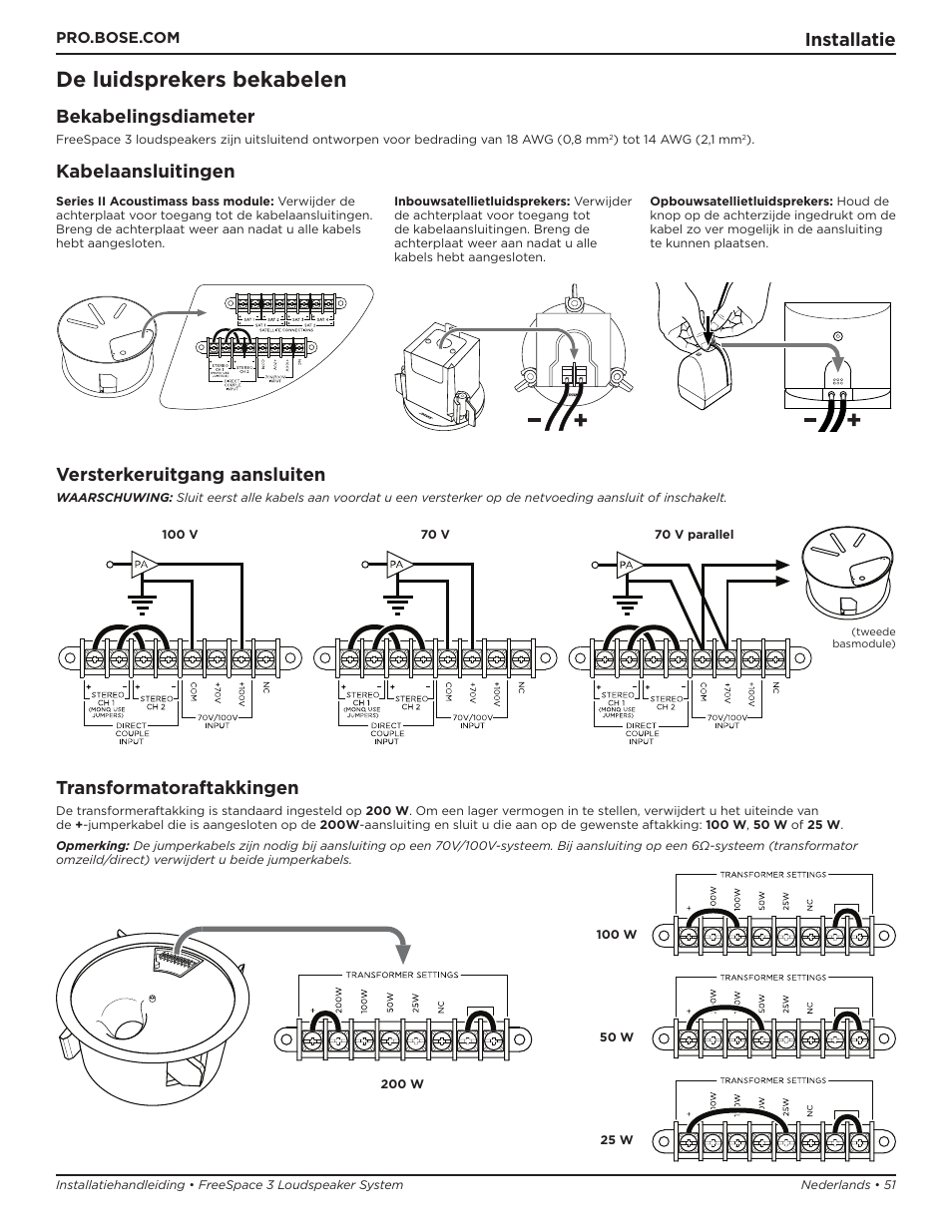 De luidsprekers bekabelen, Installatie, Bekabelingsdiameter | Kabelaansluitingen versterkeruitgang aansluiten, Transformatoraftakkingen | Bose Professional FreeSpace 3 Series II Acoustimass Subwoofer Module (Black) User Manual | Page 51 / 112