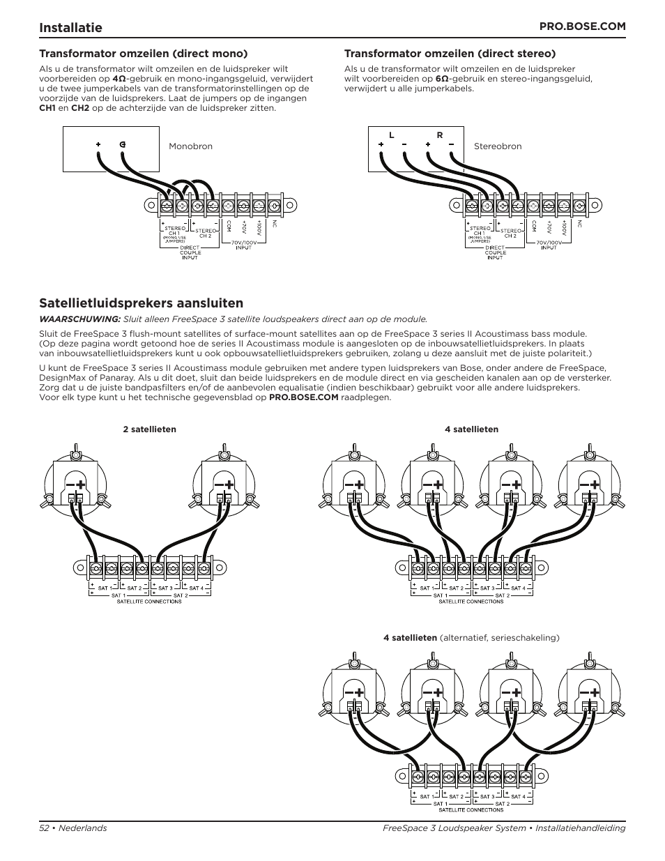 Installatie, Satellietluidsprekers aansluiten | Bose Professional FreeSpace 3 Series II Acoustimass Subwoofer Module (Black) User Manual | Page 52 / 112