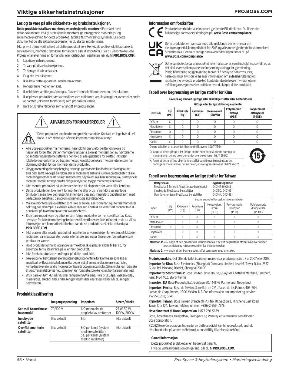 Monteringsveiledning, Viktige sikkerhetsinstruksjoner, Advarsler/forholdsregler | Produktklassifisering, Informasjon om forskrifter | Bose Professional FreeSpace 3 Series II Acoustimass Subwoofer Module (Black) User Manual | Page 56 / 112