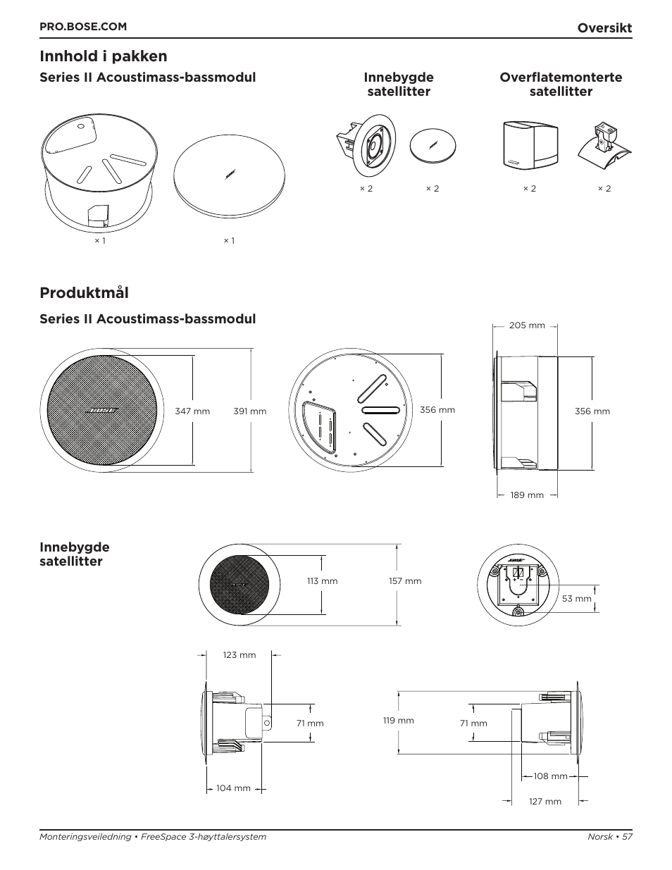 Innhold i pakken, Produktmål, Oversikt | Series ii acoustimass-bassmodul, Innebygde satellitter | Bose Professional FreeSpace 3 Series II Acoustimass Subwoofer Module (Black) User Manual | Page 57 / 112