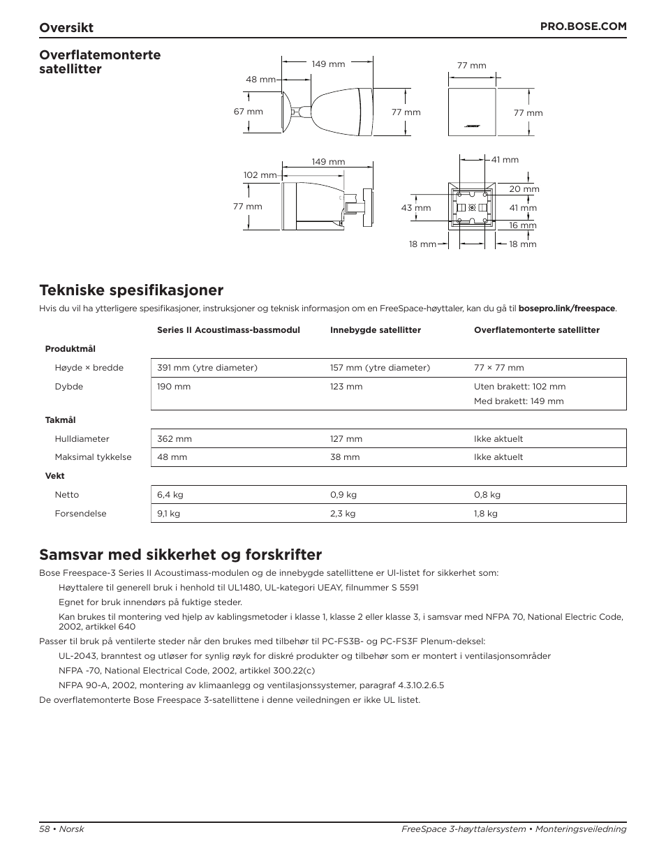 Tekniske spesifikasjoner, Samsvar med sikkerhet og forskrifter, Oversikt overflatemonterte satellitter | Bose Professional FreeSpace 3 Series II Acoustimass Subwoofer Module (Black) User Manual | Page 58 / 112