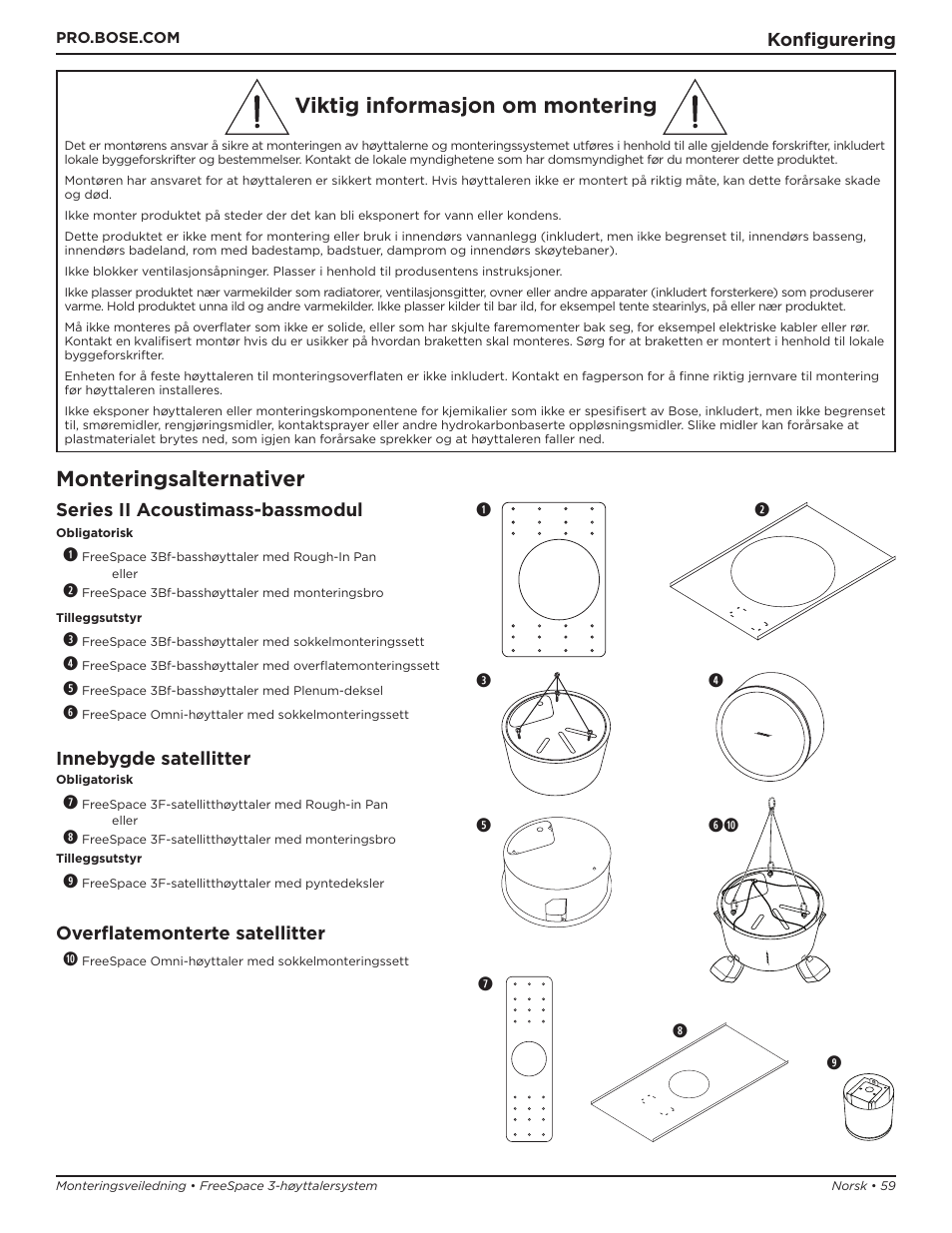 Viktig informasjon om montering, Monteringsalternativer | Bose Professional FreeSpace 3 Series II Acoustimass Subwoofer Module (Black) User Manual | Page 59 / 112