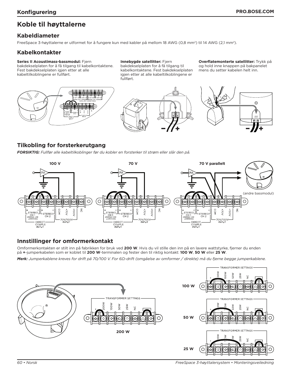 Koble til høyttalerne, Konfigurering, Kabeldiameter | Kabelkontakter tilkobling for forsterkerutgang, Innstillinger for omformerkontakt | Bose Professional FreeSpace 3 Series II Acoustimass Subwoofer Module (Black) User Manual | Page 60 / 112