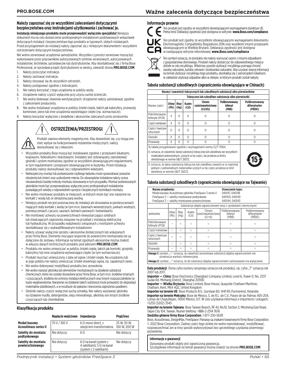 Instrukcja montażu, Ważne zalecenia dotyczące bezpieczeństwa, Ostrzeżenia/przestrogi | Klasyfikacja produktu, Informacje prawne | Bose Professional FreeSpace 3 Series II Acoustimass Subwoofer Module (Black) User Manual | Page 65 / 112