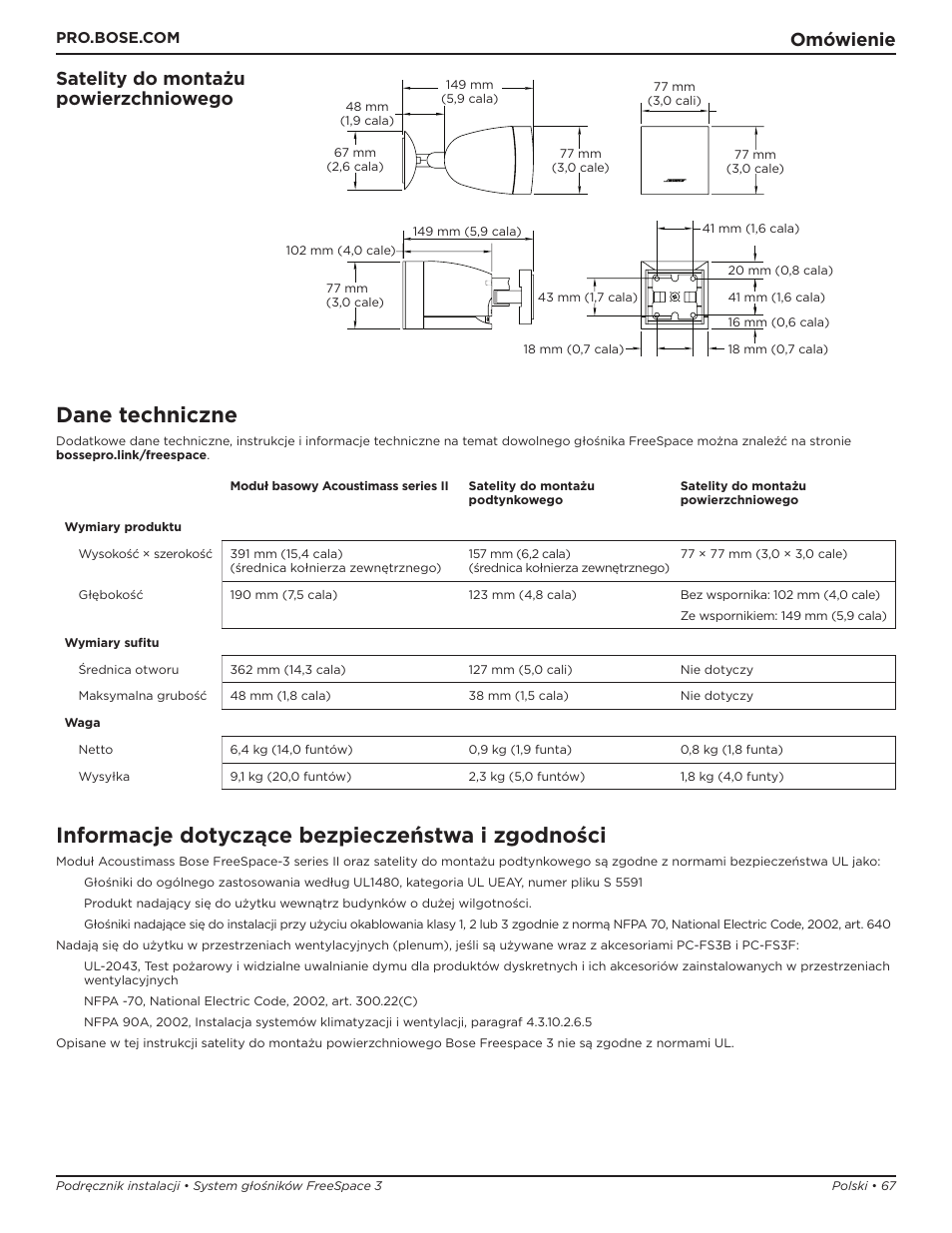 Dane techniczne, Informacje dotyczące bezpieczeństwa i zgodności, Omówienie satelity do montażu powierzchniowego | Bose Professional FreeSpace 3 Series II Acoustimass Subwoofer Module (Black) User Manual | Page 67 / 112