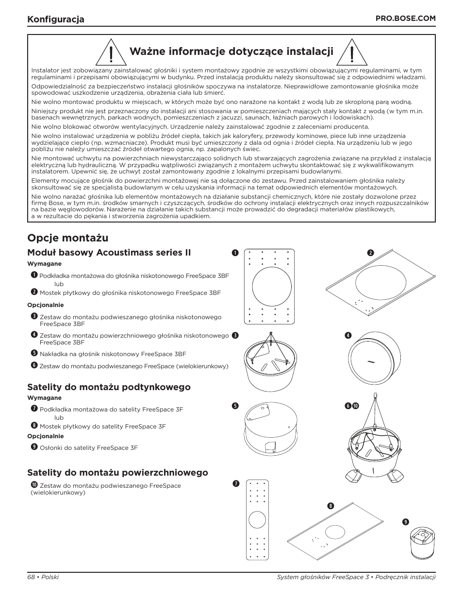 Ważne informacje dotyczące instalacji, Opcje montażu, Konfiguracja moduł basowy acoustimass series ii | Satelity do montażu podtynkowego, Satelity do montażu powierzchniowego a | Bose Professional FreeSpace 3 Series II Acoustimass Subwoofer Module (Black) User Manual | Page 68 / 112