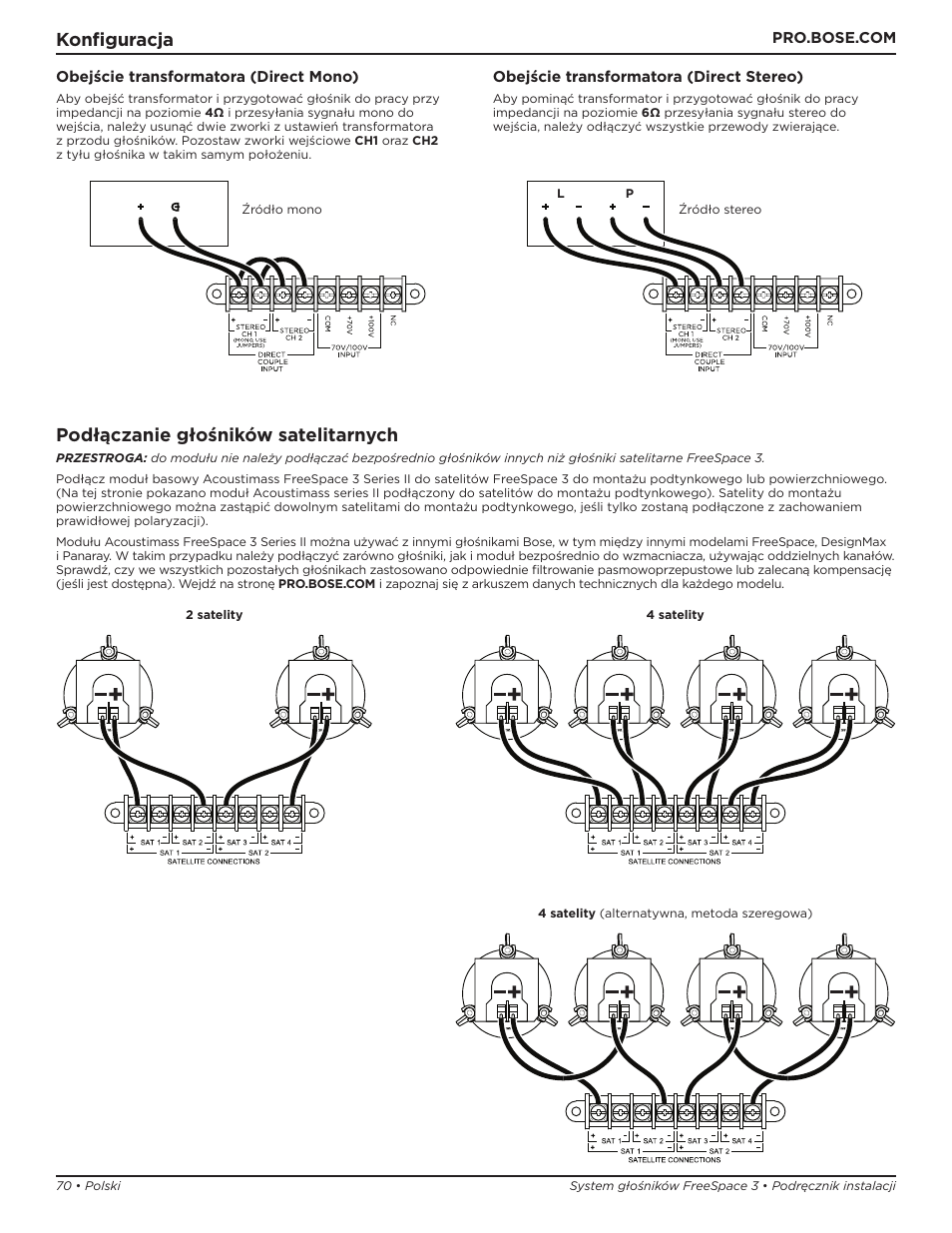 Konfiguracja, Podłączanie głośników satelitarnych | Bose Professional FreeSpace 3 Series II Acoustimass Subwoofer Module (Black) User Manual | Page 70 / 112