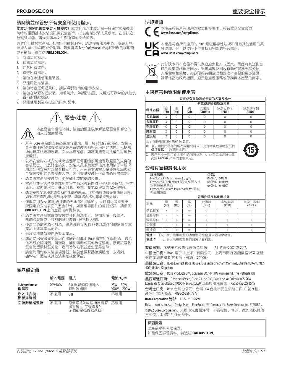 安裝指南, 重要安全指示, 警告/注意 | 請閱讀並保管好所有安全和使用指示, 產品額定值, 法規資訊, 中國有害物質限制使用表, 台灣有害物質限用表 | Bose Professional FreeSpace 3 Series II Acoustimass Subwoofer Module (Black) User Manual | Page 83 / 112