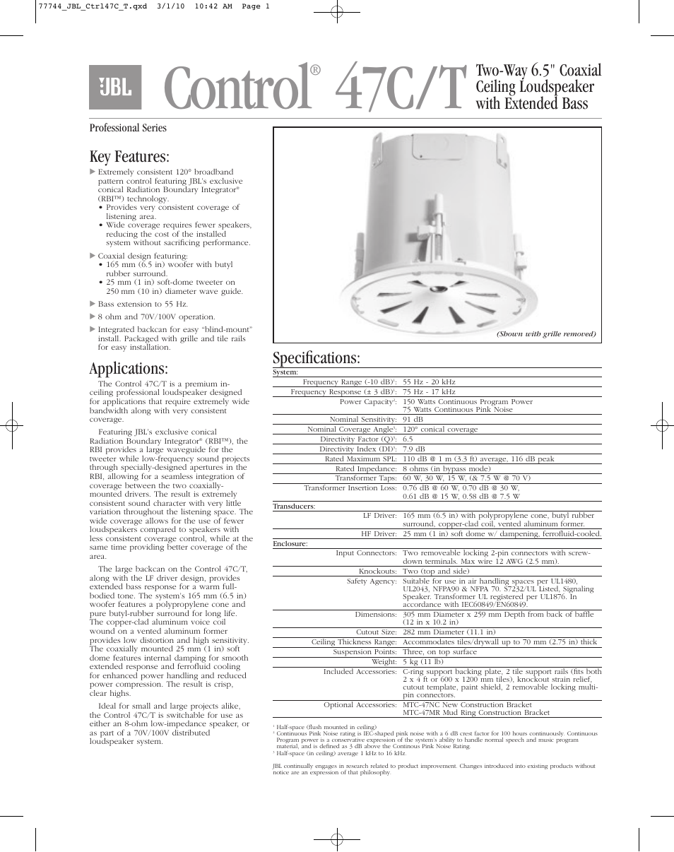 JBL Control 47C/T 6.5" 2-Way 150W Coaxial Ceiling Loudspeakers (Pair, White) User Manual | 2 pages