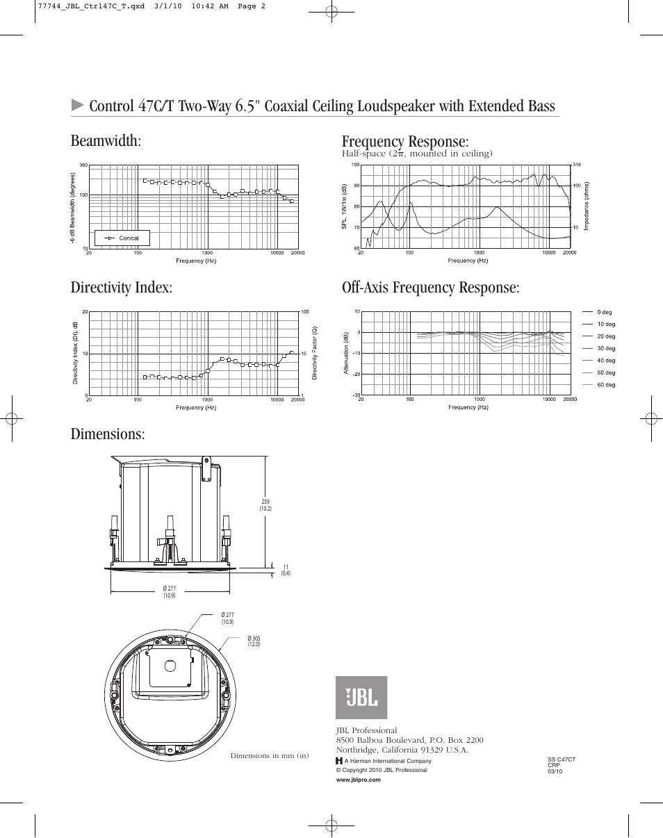 JBL Control 47C/T 6.5" 2-Way 150W Coaxial Ceiling Loudspeakers (Pair, White) User Manual | Page 2 / 2