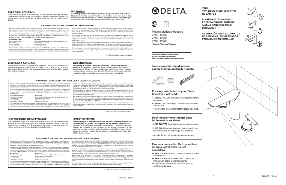 Delta 2782 Series User Manual | 2 pages