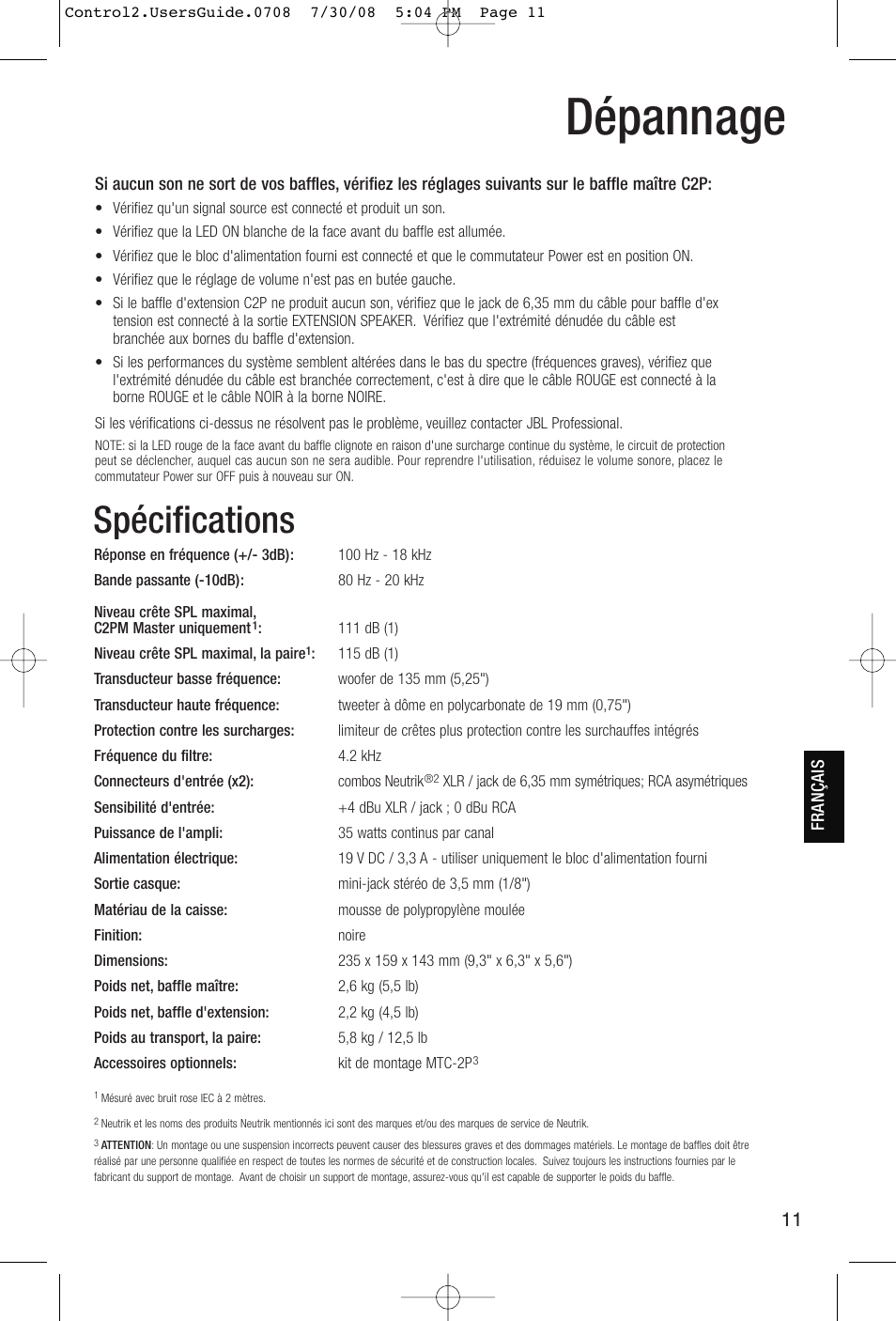 Dépannage, Spécifications | JBL Control 2P 5.25" 2-Way Powered Speaker (Pair) User Manual | Page 11 / 22