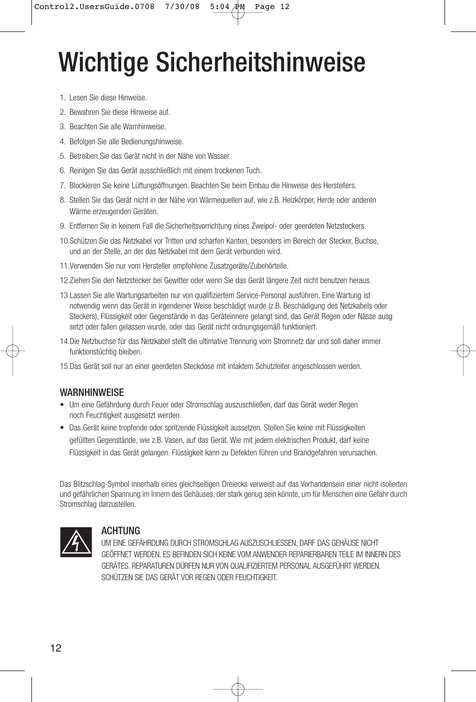 Wichtige sicherheitshinweise | JBL Control 2P 5.25" 2-Way Powered Speaker (Pair) User Manual | Page 12 / 22