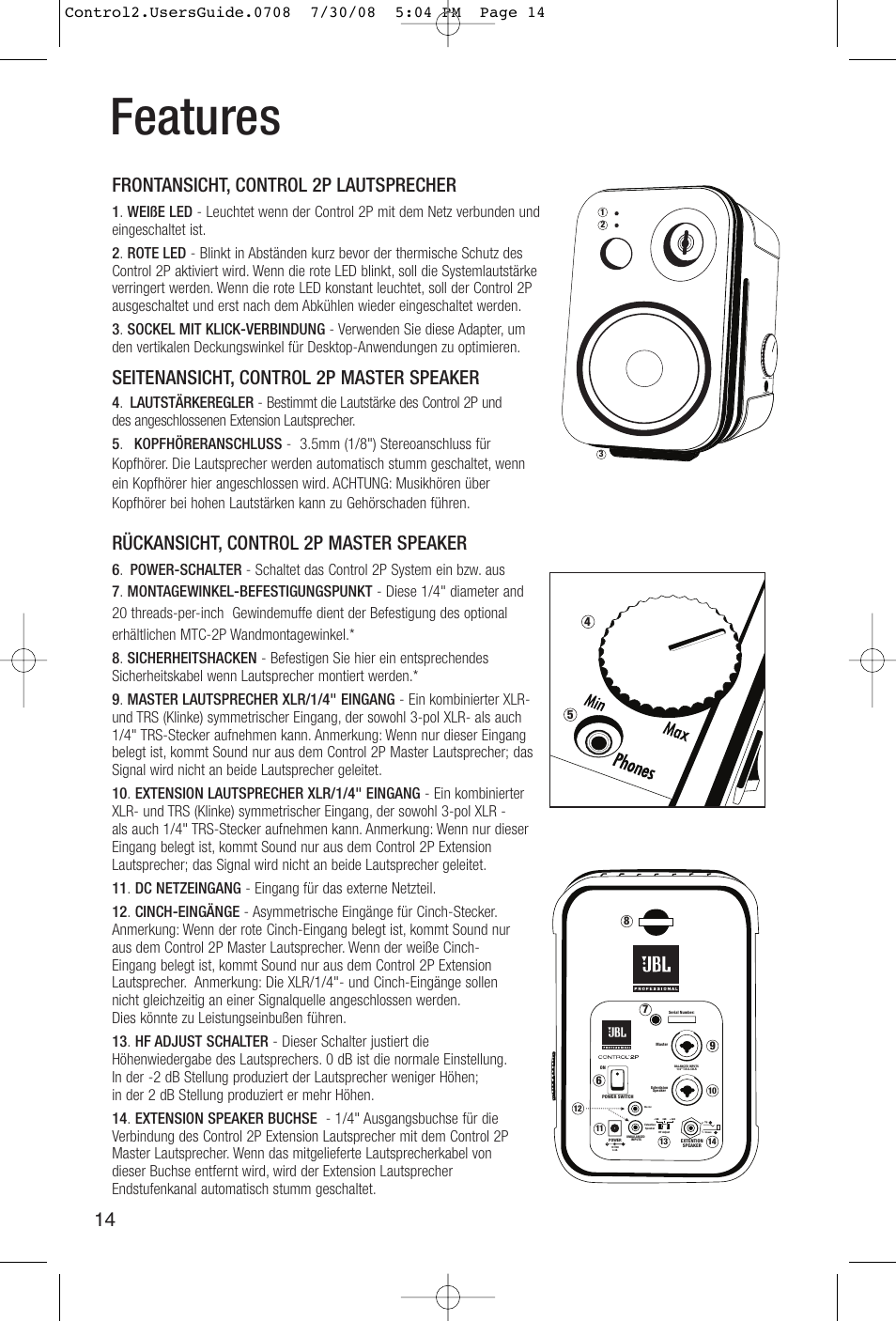 Features, Frontansicht, control 2p lautsprecher, Seitenansicht, control 2p master speaker | Rückansicht, control 2p master speaker | JBL Control 2P 5.25" 2-Way Powered Speaker (Pair) User Manual | Page 14 / 22