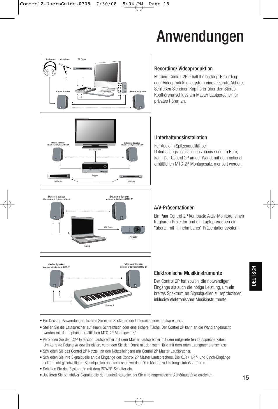 Anwendungen, Recording/ videoproduktion, A/v-prâsentationen | Elektronische musikinstrumente, Unterhaltungsinstallation, Deutsch | JBL Control 2P 5.25" 2-Way Powered Speaker (Pair) User Manual | Page 15 / 22