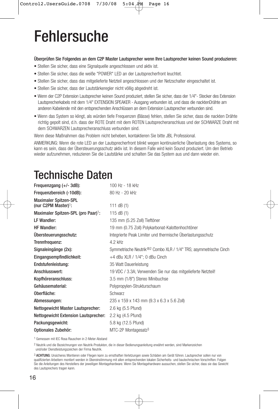 Fehlersuche, Technische daten | JBL Control 2P 5.25" 2-Way Powered Speaker (Pair) User Manual | Page 16 / 22