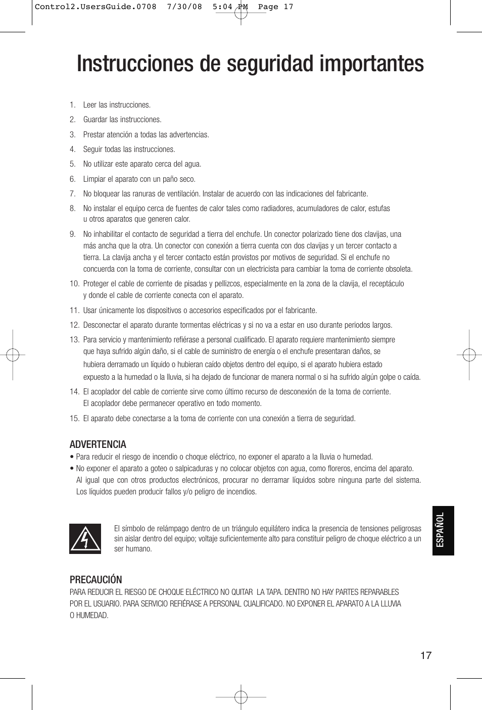 Instrucciones de seguridad importantes, Advertencia, Precaución | JBL Control 2P 5.25" 2-Way Powered Speaker (Pair) User Manual | Page 17 / 22