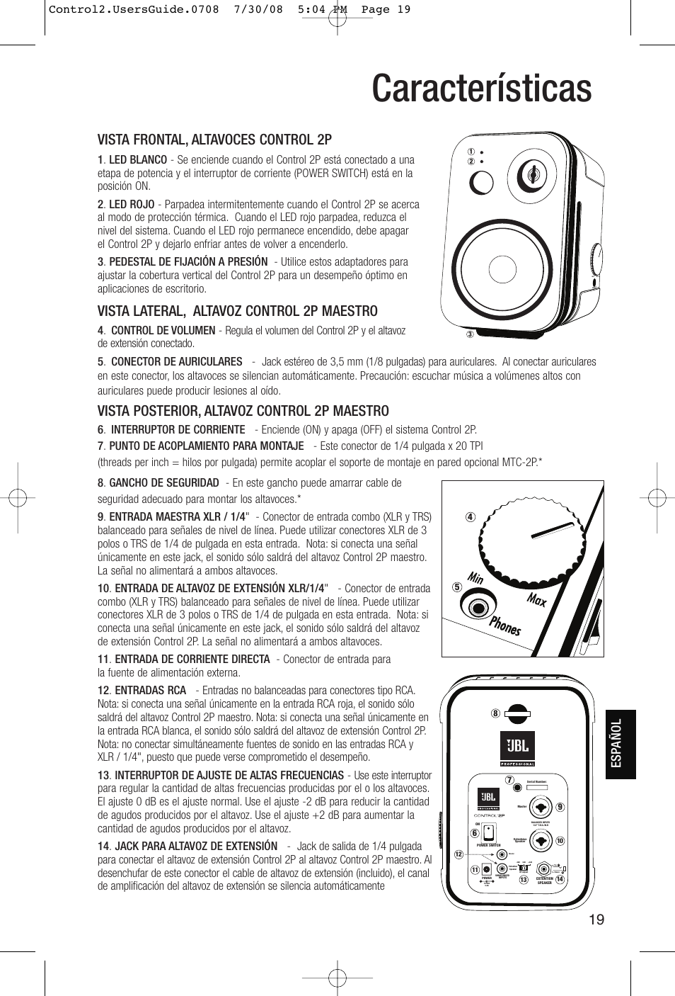 Características, Vista frontal, altavoces control 2p, Vista lateral, altavoz control 2p maestro | Vista posterior, altavoz control 2p maestro, Esp añol | JBL Control 2P 5.25" 2-Way Powered Speaker (Pair) User Manual | Page 19 / 22