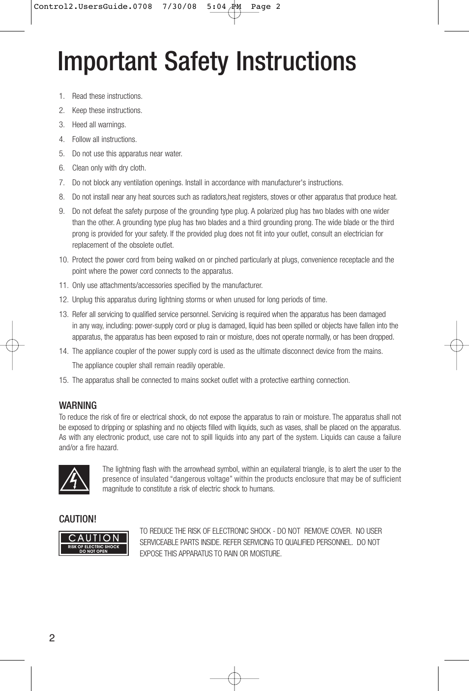 Important safety instructions, Warning, Caution | JBL Control 2P 5.25" 2-Way Powered Speaker (Pair) User Manual | Page 2 / 22