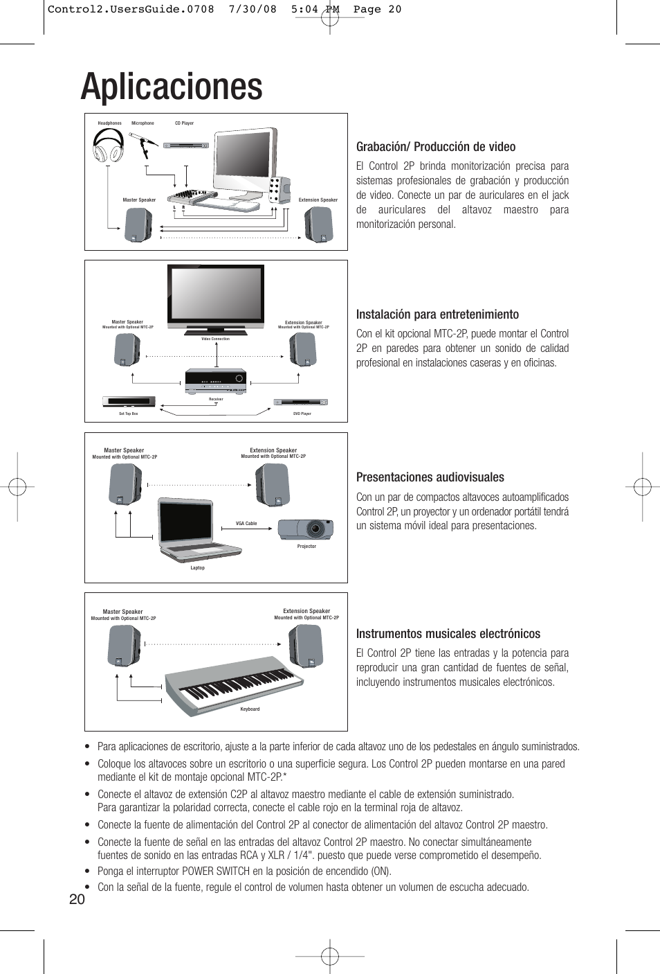 Aplicaciones, Gra b ación/ producción de video, Instrumentos musicales electrónicos | Presentaciones audiovisuales, Instalación para entretenimiento | JBL Control 2P 5.25" 2-Way Powered Speaker (Pair) User Manual | Page 20 / 22