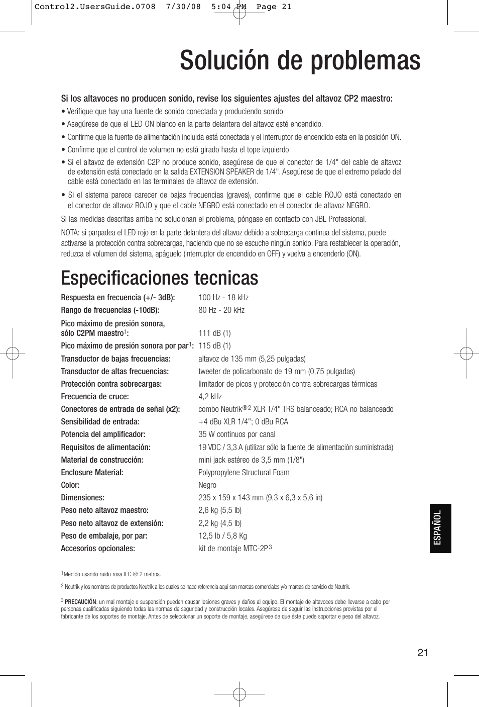 Solución de pro b lemas, Especificaciones tecnicas | JBL Control 2P 5.25" 2-Way Powered Speaker (Pair) User Manual | Page 21 / 22