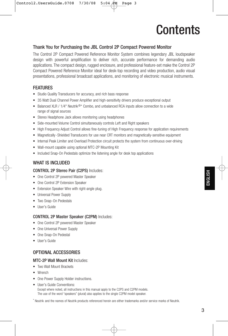 JBL Control 2P 5.25" 2-Way Powered Speaker (Pair) User Manual | Page 3 / 22