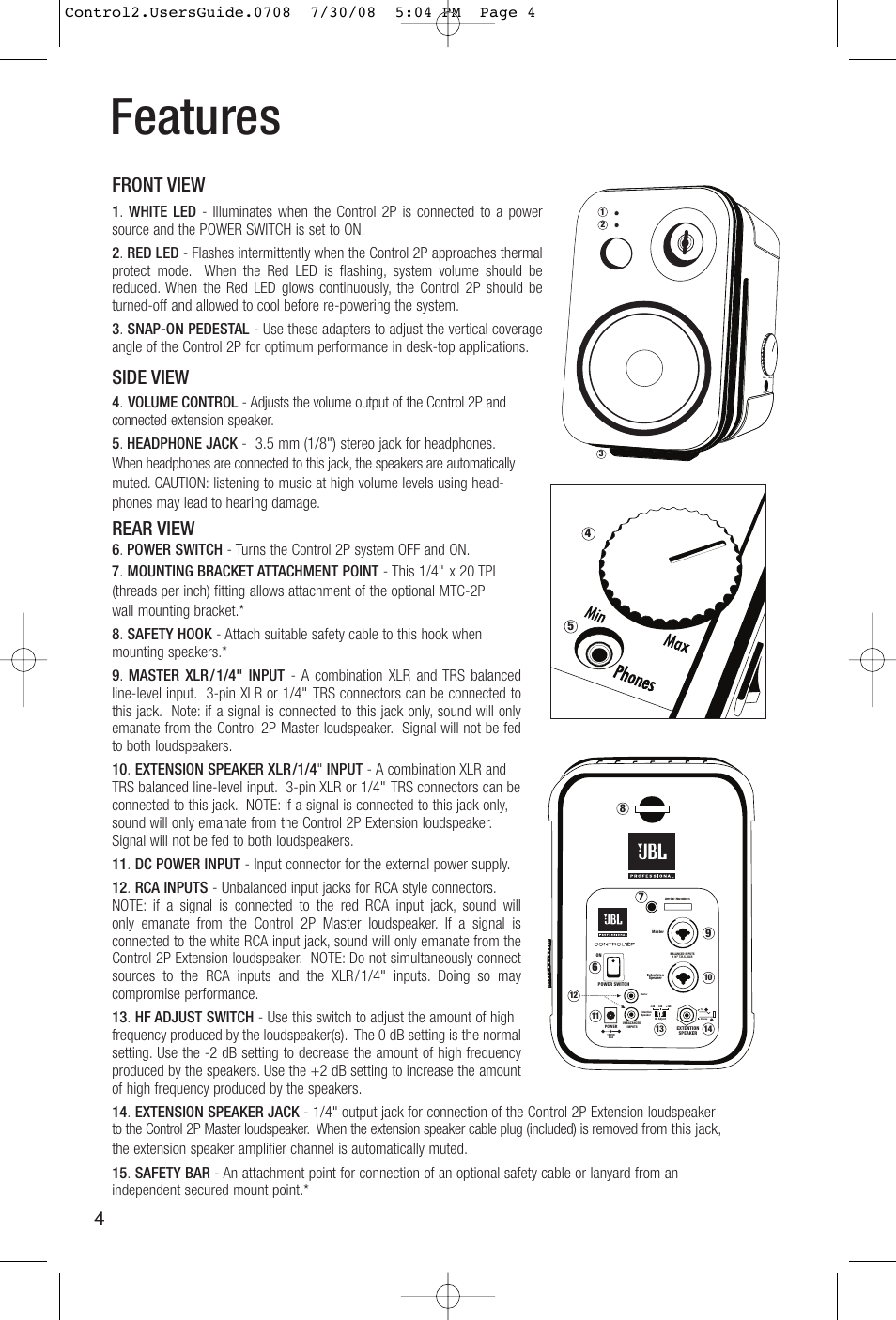 Features, Front view, Side view | Rear view | JBL Control 2P 5.25" 2-Way Powered Speaker (Pair) User Manual | Page 4 / 22