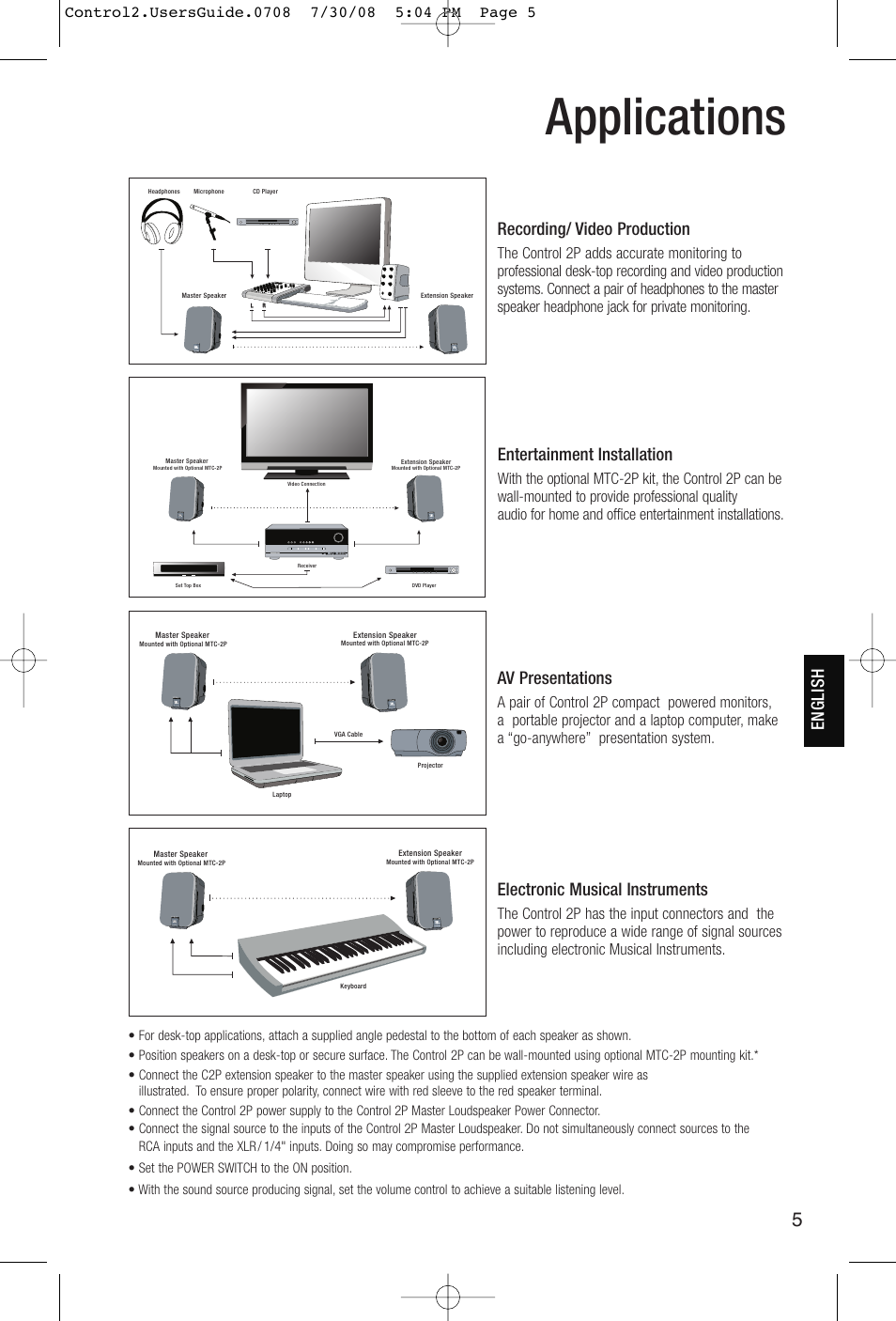 Applications, Recording/ video production, Electronic musical instruments | Av presentations, Entertainment installation, English | JBL Control 2P 5.25" 2-Way Powered Speaker (Pair) User Manual | Page 5 / 22
