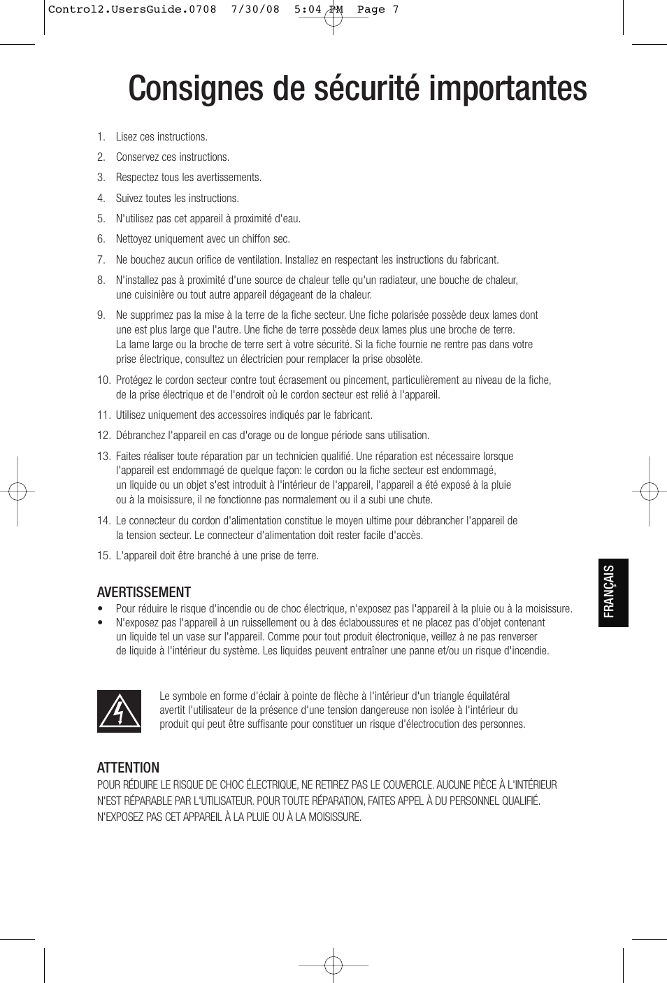 Consignes de sécurité importantes, Avertissement, Attention | JBL Control 2P 5.25" 2-Way Powered Speaker (Pair) User Manual | Page 7 / 22